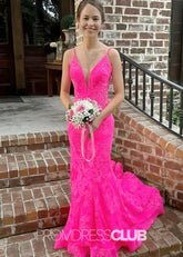 Jamie |Hot Pink Long Prom Dresses Near Me With Mermaid Strapless Trumpet Lace Open Back - Price #price_variant_lowest# - Hot Pink - PromDressClub